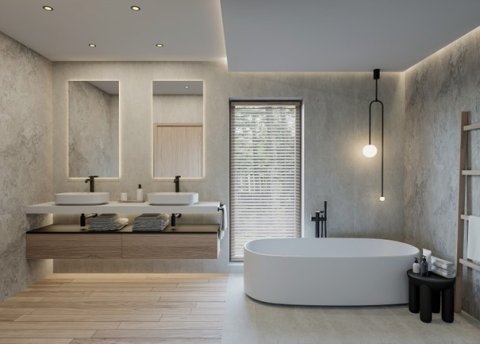 Esthétique moderne et personnalisable : Le Mortex offre une finition lisse et contemporaine, idéale pour les intérieurs modernes. L'élégance intemporelle dans cette salle de bain prestigieuse, sublimée par l'utilisation du Mortex. Un mariage parfait entre luxe et sophistication.